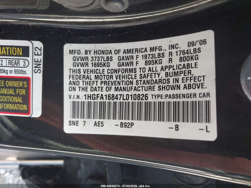 2007 Honda Civic Ex VIN: 1HGFA16847L010826 Lot: 42638274