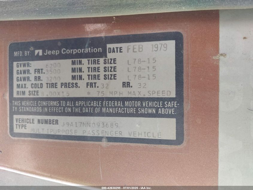 1979 Jeep Cherokee VIN: J9A17NN093689 Lot: 42638295