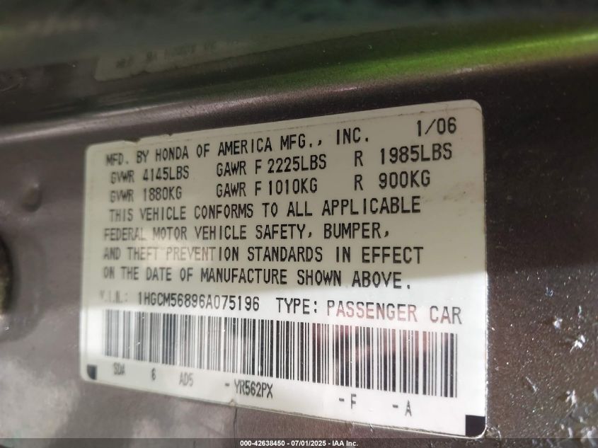 2006 Honda Accord 2.4 Ex VIN: 1HGCM56896A075196 Lot: 42638450