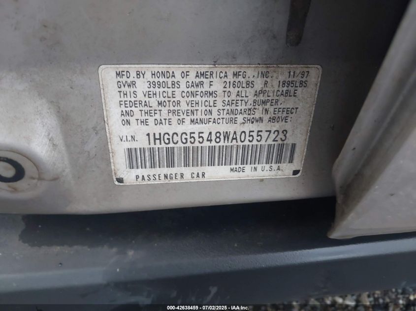 1998 Honda Accord Lx VIN: 1HGCG5548WA055723 Lot: 42638459