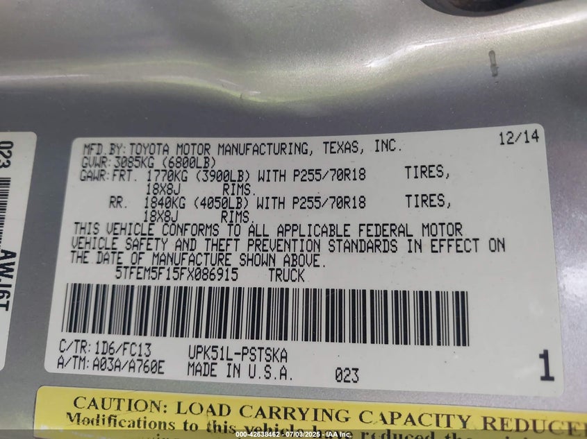 2015 TOYOTA TUNDRA SR5 4.6L V8 - 5TFEM5F15FX086915