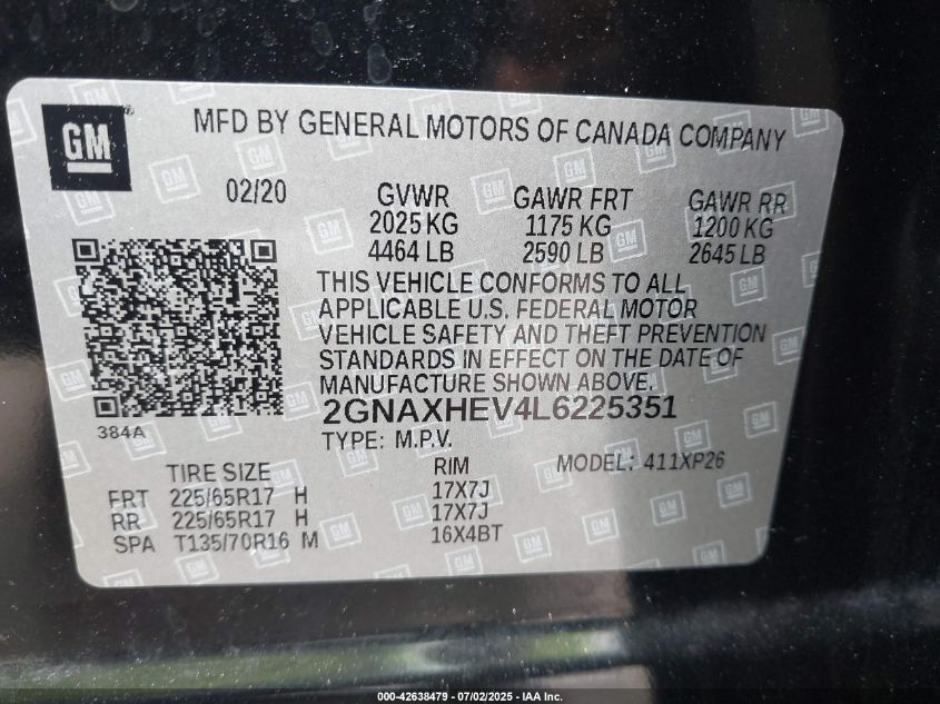 2020 Chevrolet Equinox Fwd Ls VIN: 2GNAXHEV4L6225351 Lot: 42638479