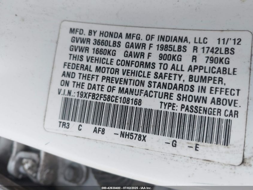 2012 Honda Civic Lx VIN: 19XFB2F58CE108168 Lot: 42638480