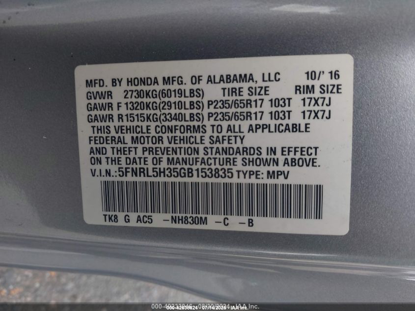 2016 Honda Odyssey Se VIN: 5FNRL5H35GB153835 Lot: 42638624