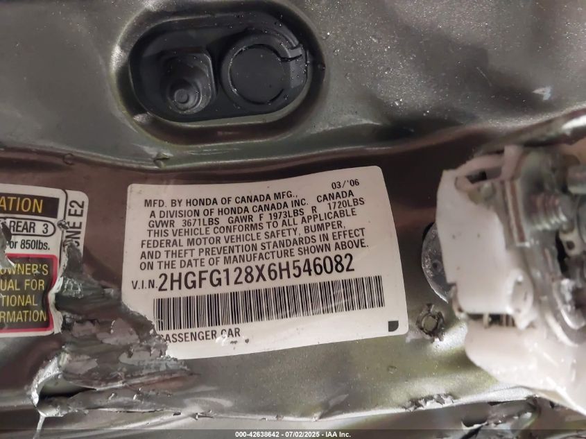 2006 Honda Civic Ex VIN: 2HGFG128X6H546082 Lot: 42638642