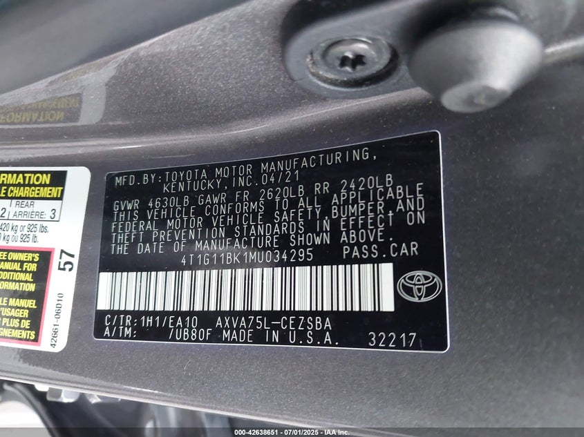 VIN 4T1G11BK1MU034295 2021 TOYOTA CAMRY SE AWD