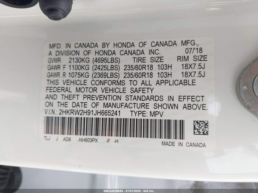 2018 HONDA CR-V TOURING - 2HKRW2H91JH665241