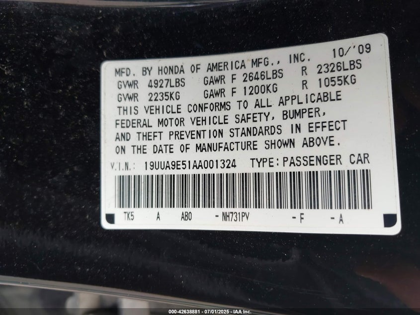 2010 ACURA TL VIN: 19UUA9E51AA001324
