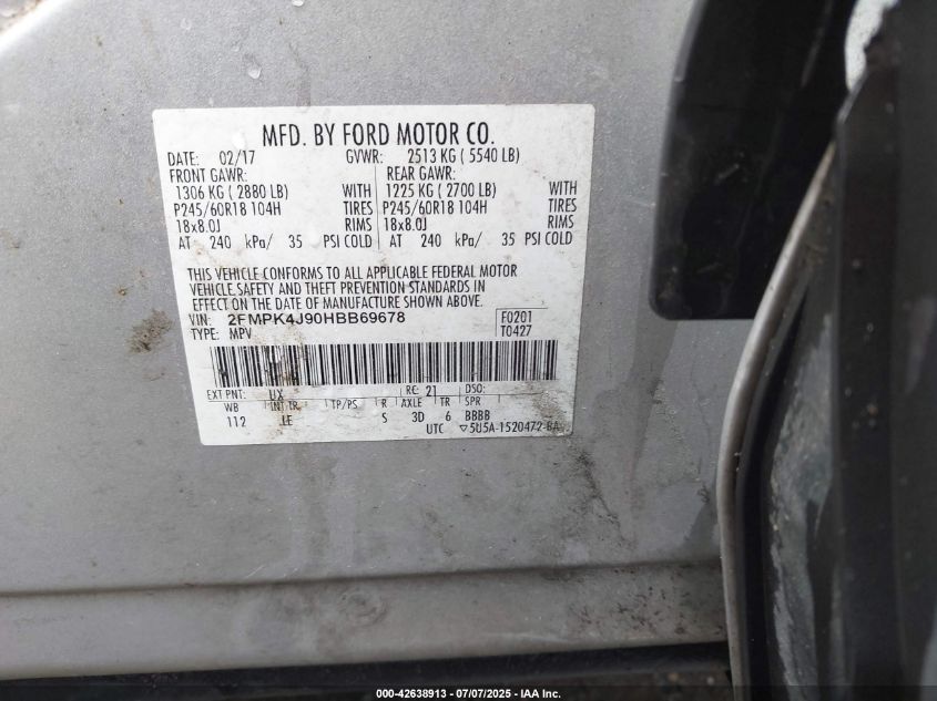 2017 Ford Edge Sel VIN: 2FMPK4J90HBB69678 Lot: 42638913