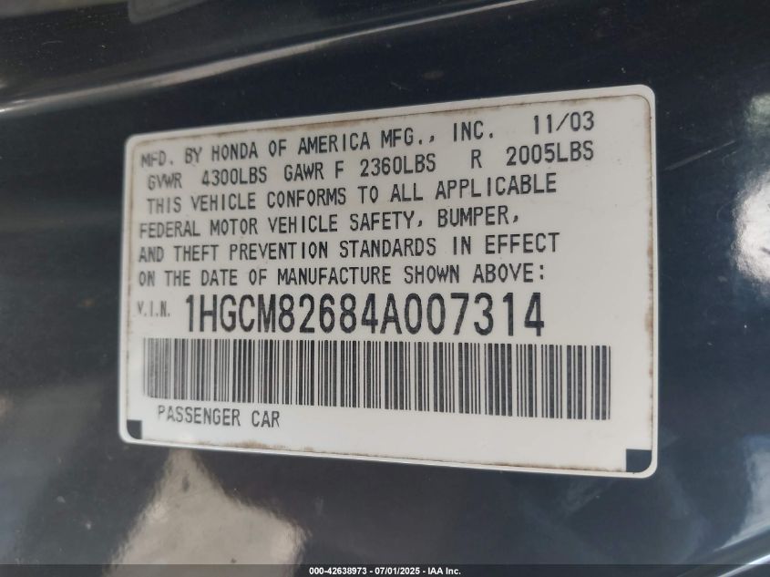 2004 Honda Accord 3.0 Ex VIN: 1HGCM82684A007314 Lot: 42638973