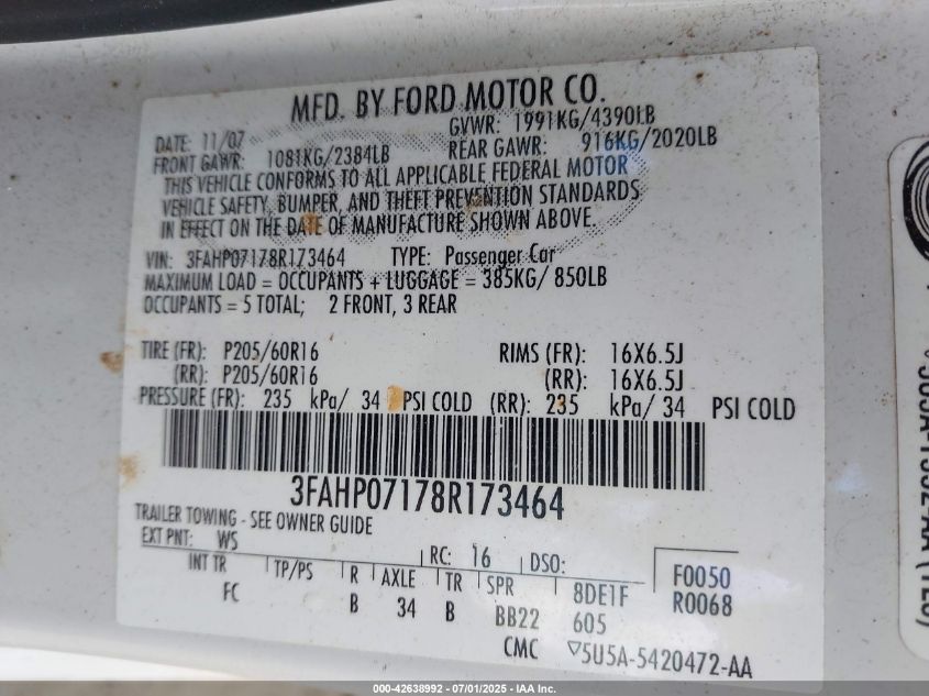 2008 Ford Fusion Se VIN: 3FAHP07178R173464 Lot: 42638992