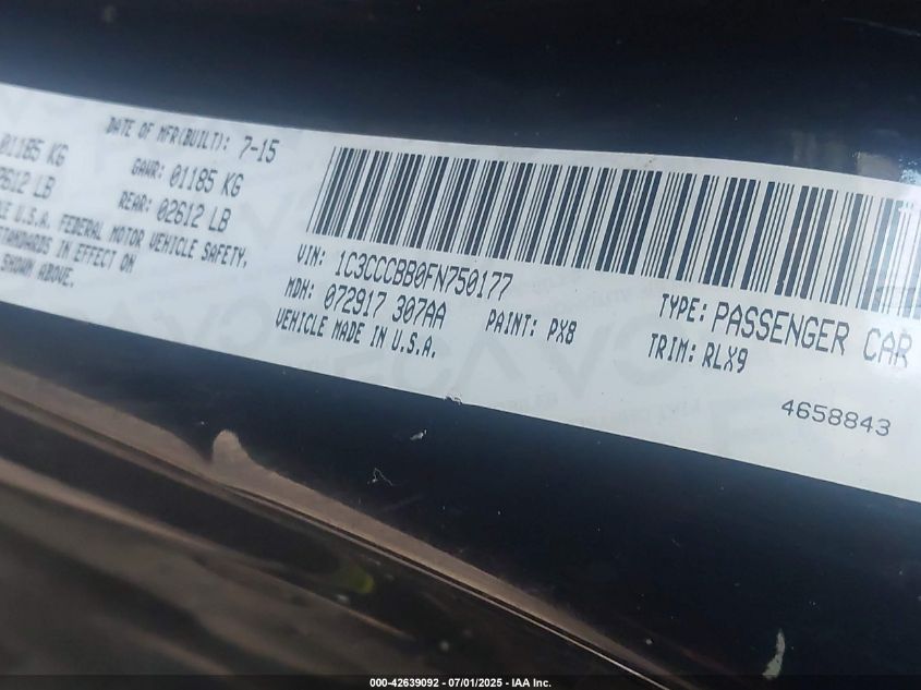 2015 Chrysler 200 S VIN: 1C3CCCBB0FN750177 Lot: 42639092