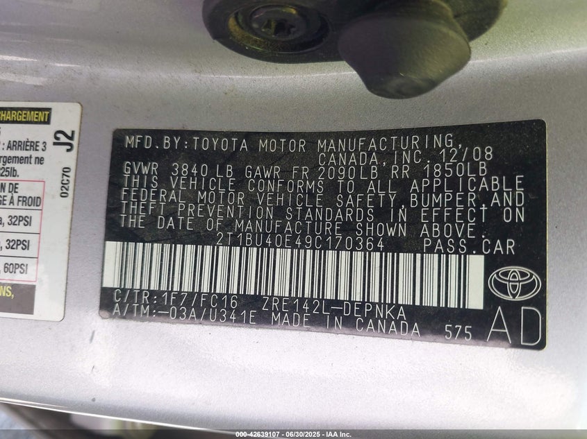 2009 TOYOTA COROLLA VIN: 2T1BU40E49C170364