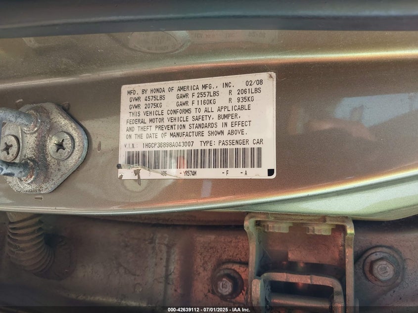 2008 HONDA ACCORD VIN: 1HGCP36898A043007