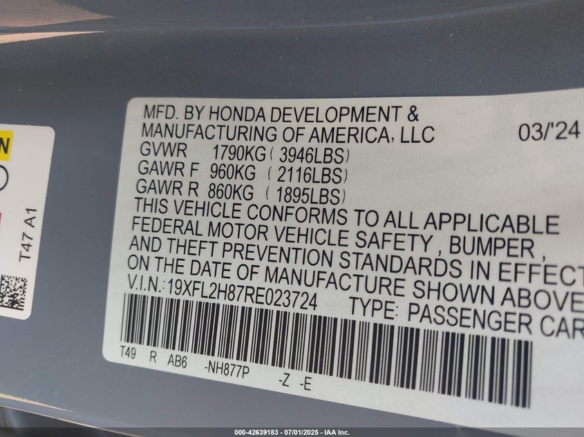 VIN 19XFL2H87RE023724 2024 HONDA CIVIC SPORT