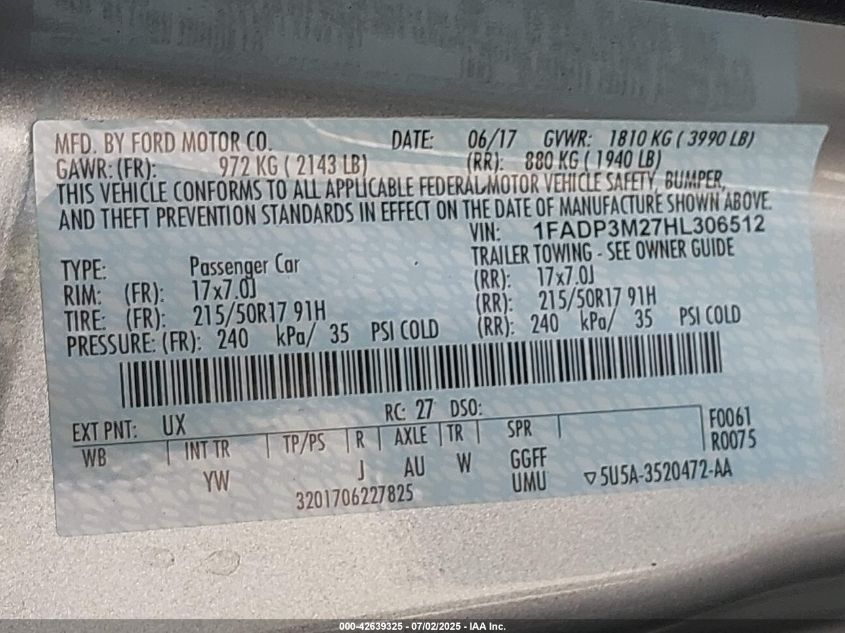 2017 FORD FOCUS SEL - 1FADP3M27HL306512