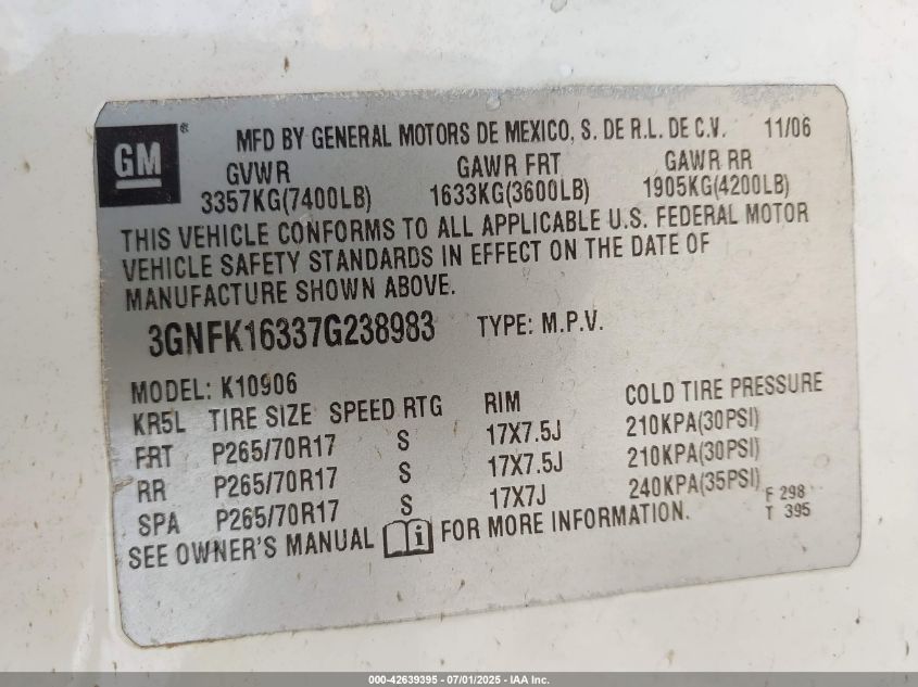 2007 Chevrolet Suburban 1500 Lt VIN: 3GNFK16337G238983 Lot: 42639395