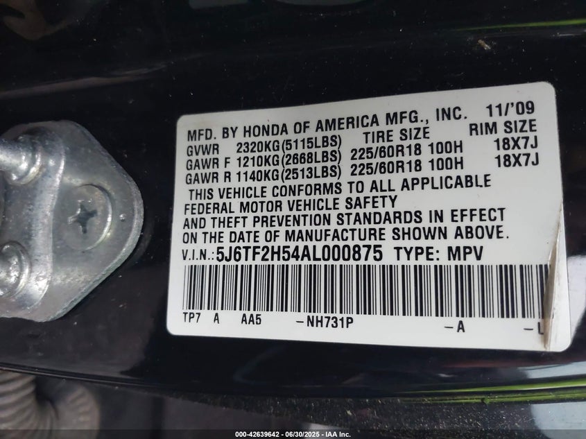 2010 HONDA ACCORD CROSSTOUR VIN: 5J6TF2H54AL000875