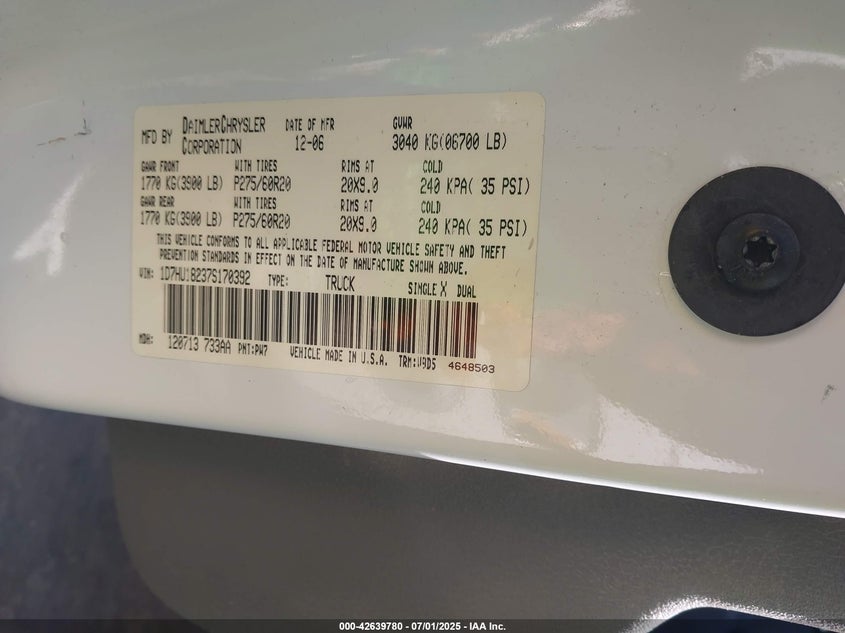 2007 DODGE RAM 1500 VIN: 1D7HU18237S170392