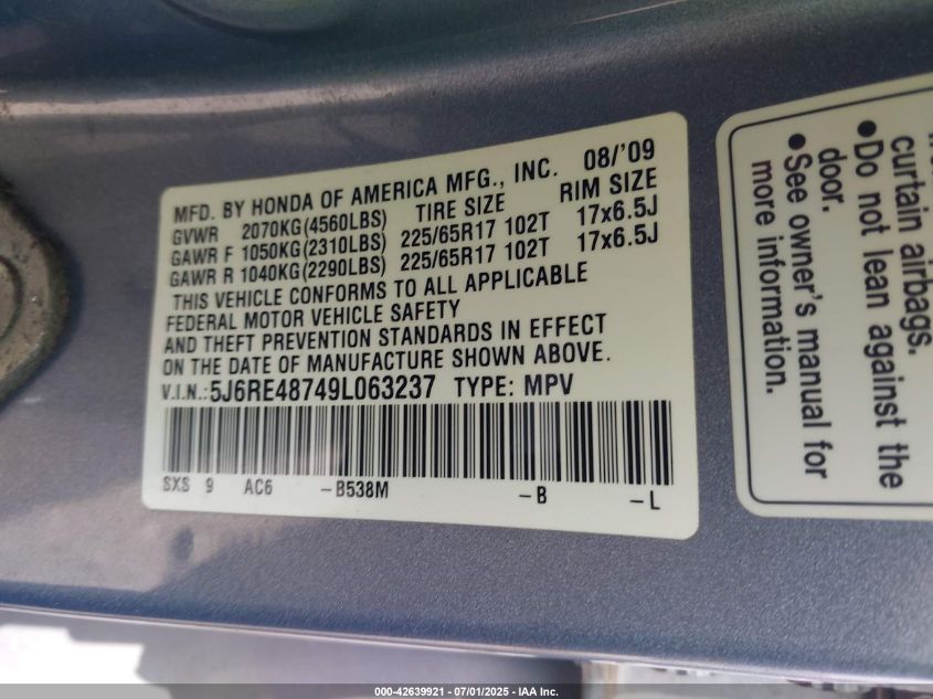 2009 Honda Cr-V Ex-L VIN: 5J6RE487X91063237 Lot: 42639921