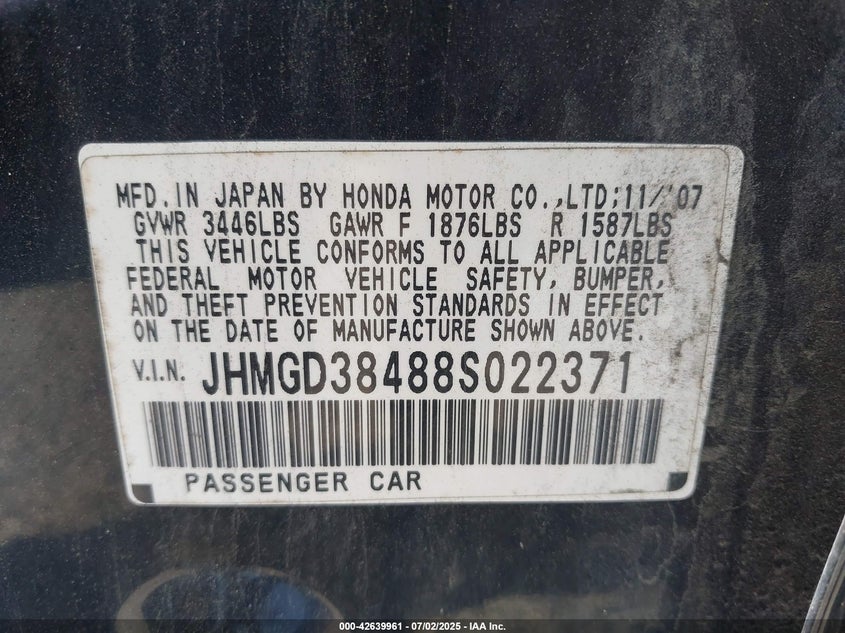 2008 HONDA FIT VIN: JHMGD38488S022371
