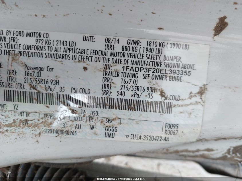 2014 Ford Focus Se VIN: 1FADP3F20EL393355 Lot: 42640052