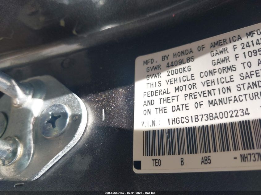 2011 Honda Accord 2.4 Ex VIN: 1HGCS1B73BAPP2234 Lot: 42640142