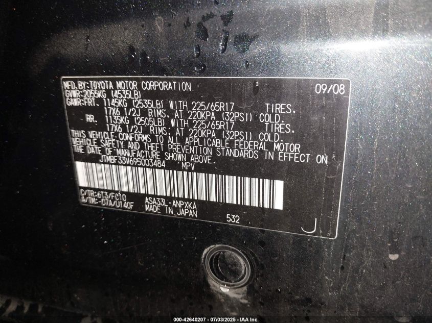 2009 Toyota Rav4 VIN: JTMBF33V695003484 Lot: 42640207