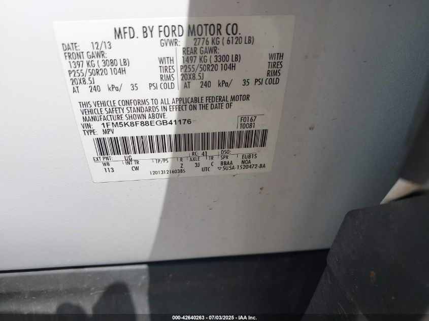 2014 Ford Explorer Limited VIN: 1FM5K8F88EGB41176 Lot: 42640263
