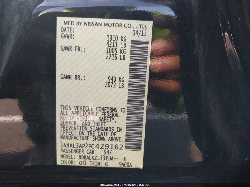 2015 Nissan Altima 2.5 Sv VIN: 1N4AL3AP2FC429162 Lot: 42640281