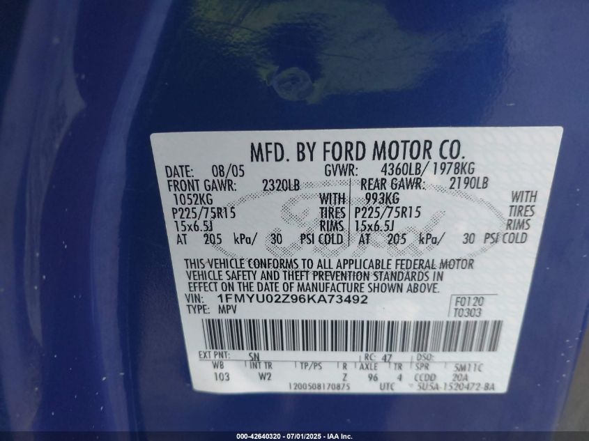 2006 Ford Escape Xls/Xls Manual VIN: 1FMYU02Z96KA73492 Lot: 42640320