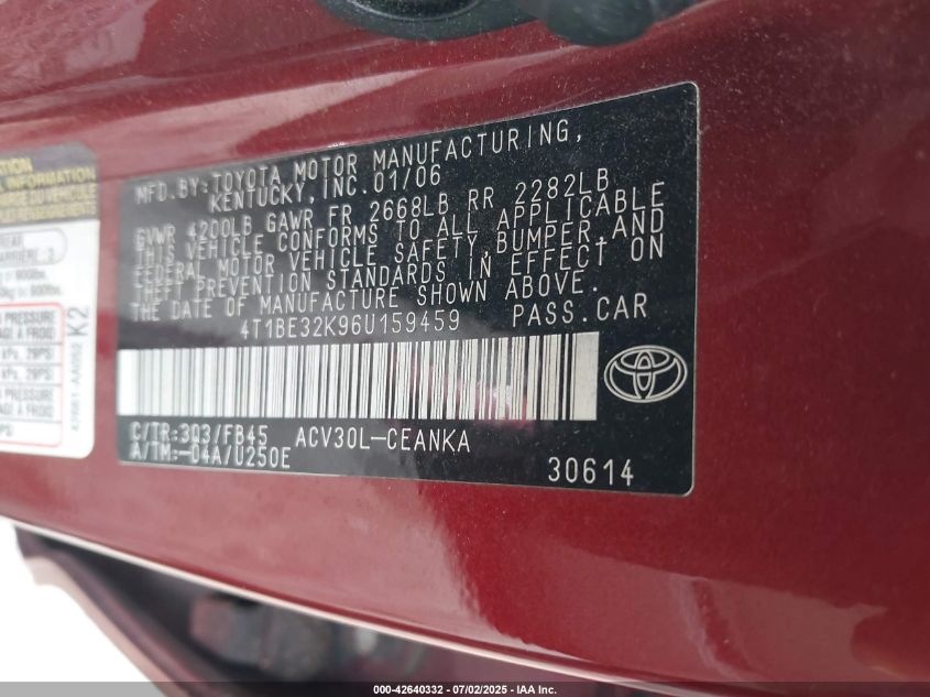 2006 Toyota Camry Le VIN: 4T1BE32K96U159459 Lot: 42640332