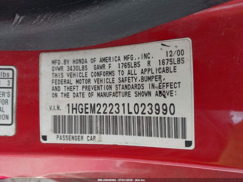 2001 Honda Civic Dx VIN: 1HGEM22231LO23990 Lot: 42640364