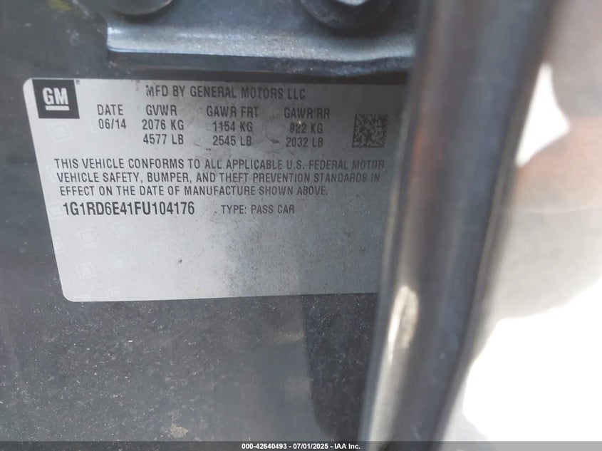 2015 CHEVROLET VOLT VIN: 1G1RD6E41FU104176