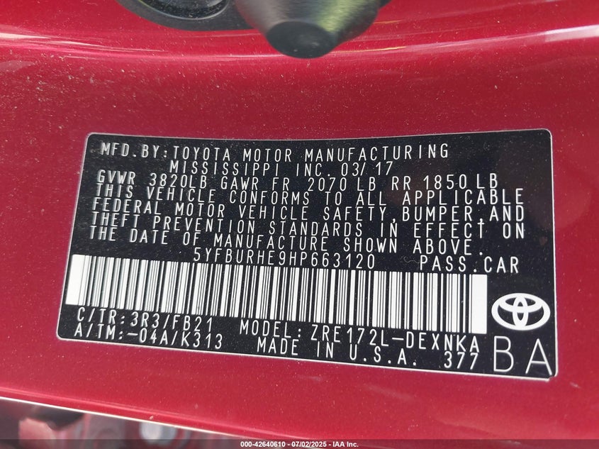 2017 TOYOTA COROLLA LE - 5YFBURHE9HP663120