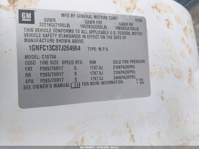 2007 Chevrolet Tahoe VIN: 1GNFC13C871264964 Lot: 42640675