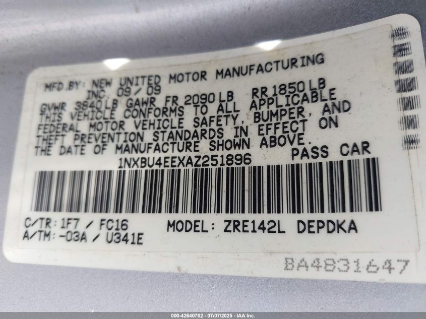 2010 Toyota Corolla Le VIN: 1NXBU4EEXAZ251896 Lot: 42640702