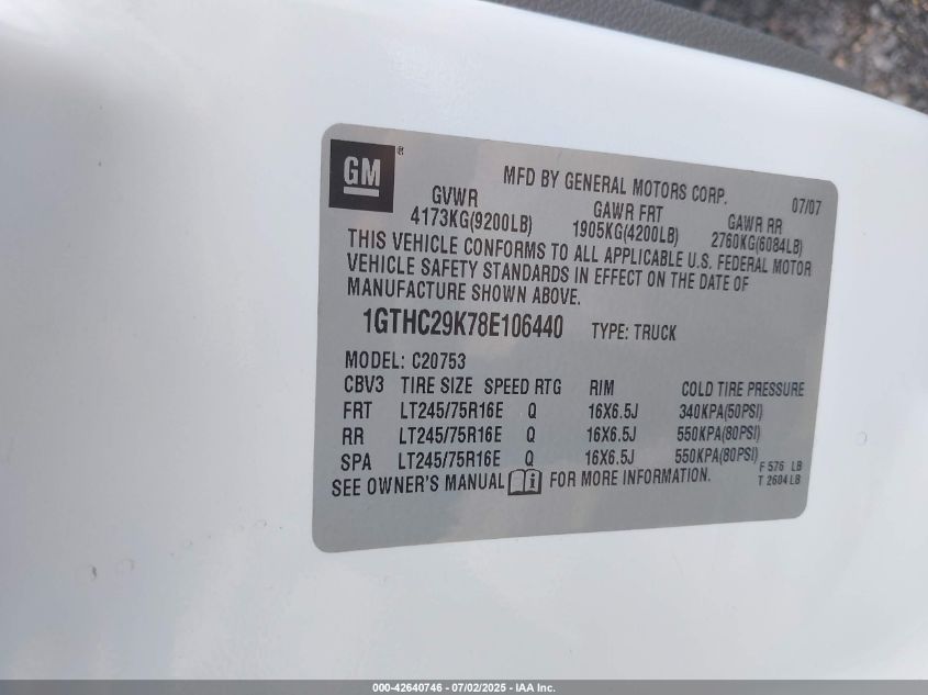 2008 GMC Sierra 2500Hd Work Truck VIN: 1GTHC29K78E106440 Lot: 42640746