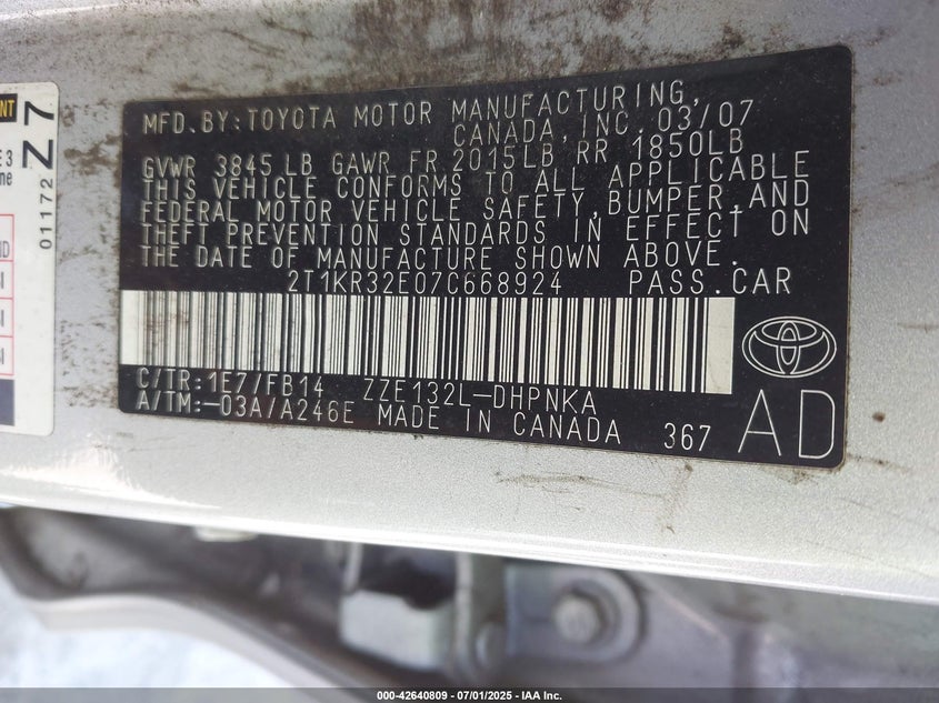 2007 TOYOTA MATRIX VIN: 2T1KR32E07C668924