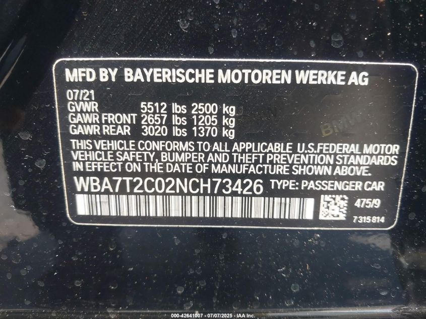 2022 BMW 7 Series - WBA7T2C02NCH73426