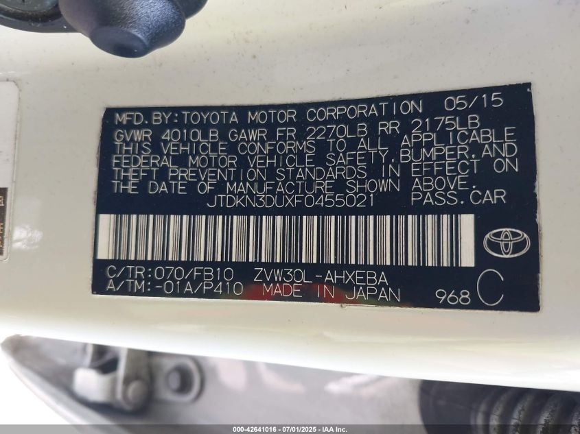 2015 Toyota Prius Two VIN: JTDKN3DUXF0455021 Lot: 42641016