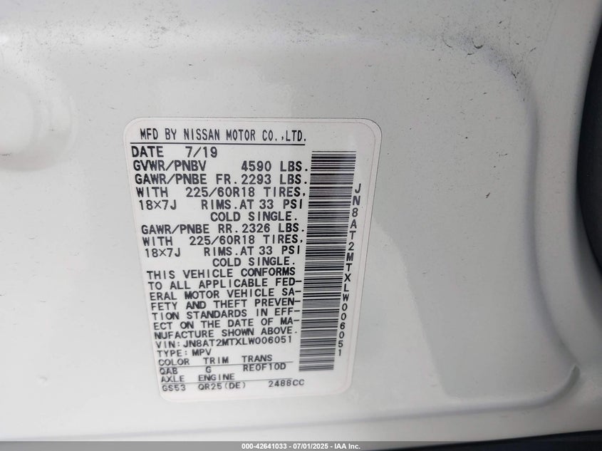 2020 NISSAN ROGUE SV FWD - JN8AT2MTXLW006051