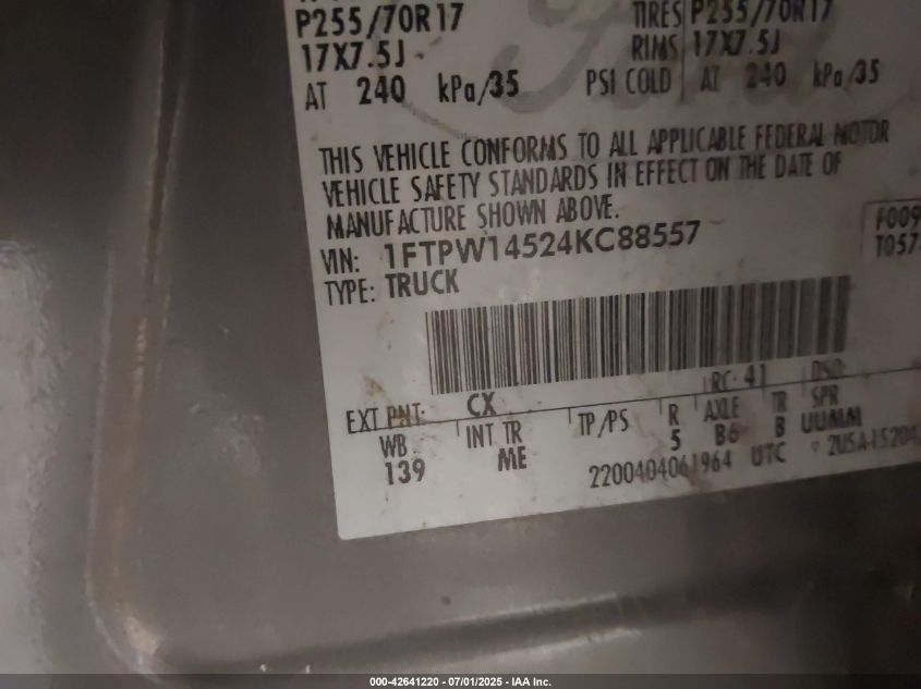 2004 Ford F-150 Fx4/Lariat/Xlt VIN: 1FTPW14524KC88557 Lot: 42641220