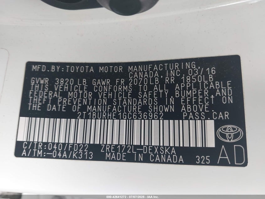 2016 TOYOTA COROLLA L/LE/LE PLS/PRM/S/S PLS - 2T1BURHE1GC636962