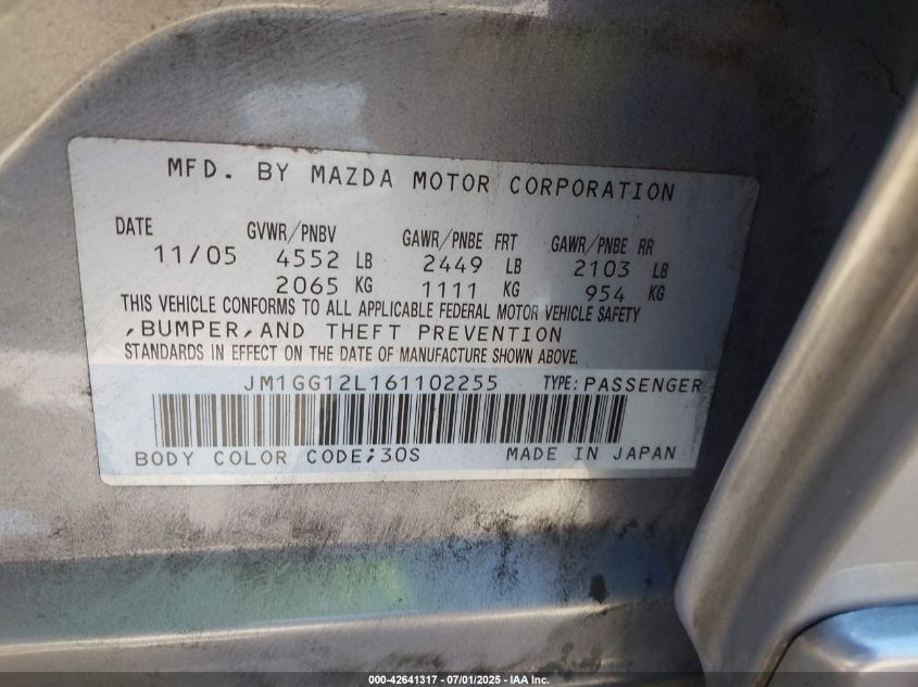 2006 Mazda Mazdaspeed6 Grand Touring VIN: JM1GG12L161102255 Lot: 42641317