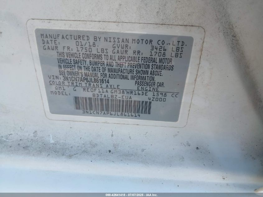 2018 Nissan Versa 1.6 Sv VIN: 3N1CN7AP6JL861614 Lot: 42641418