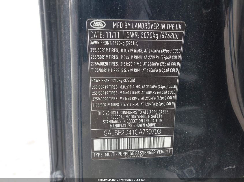2012 Land Rover Range Rover Sport Hse VIN: SALSF2D41CA730703 Lot: 43159596