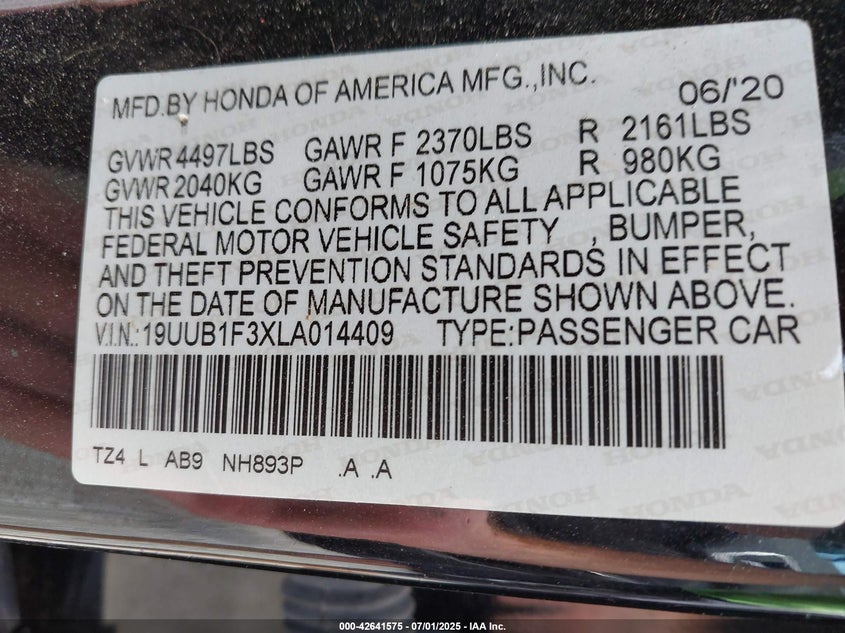 VIN 19UUB1F3XLA014409 2020 ACURA TLX STANDARD
