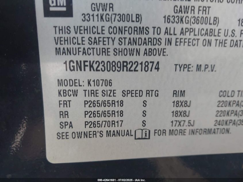 2009 Chevrolet Tahoe Lt2 VIN: 1GNFK23089R221874 Lot: 42641681