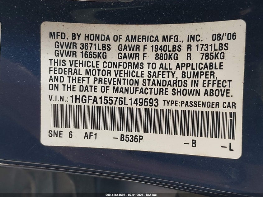 2006 HONDA CIVIC VIN: 1HGFA15576L149693